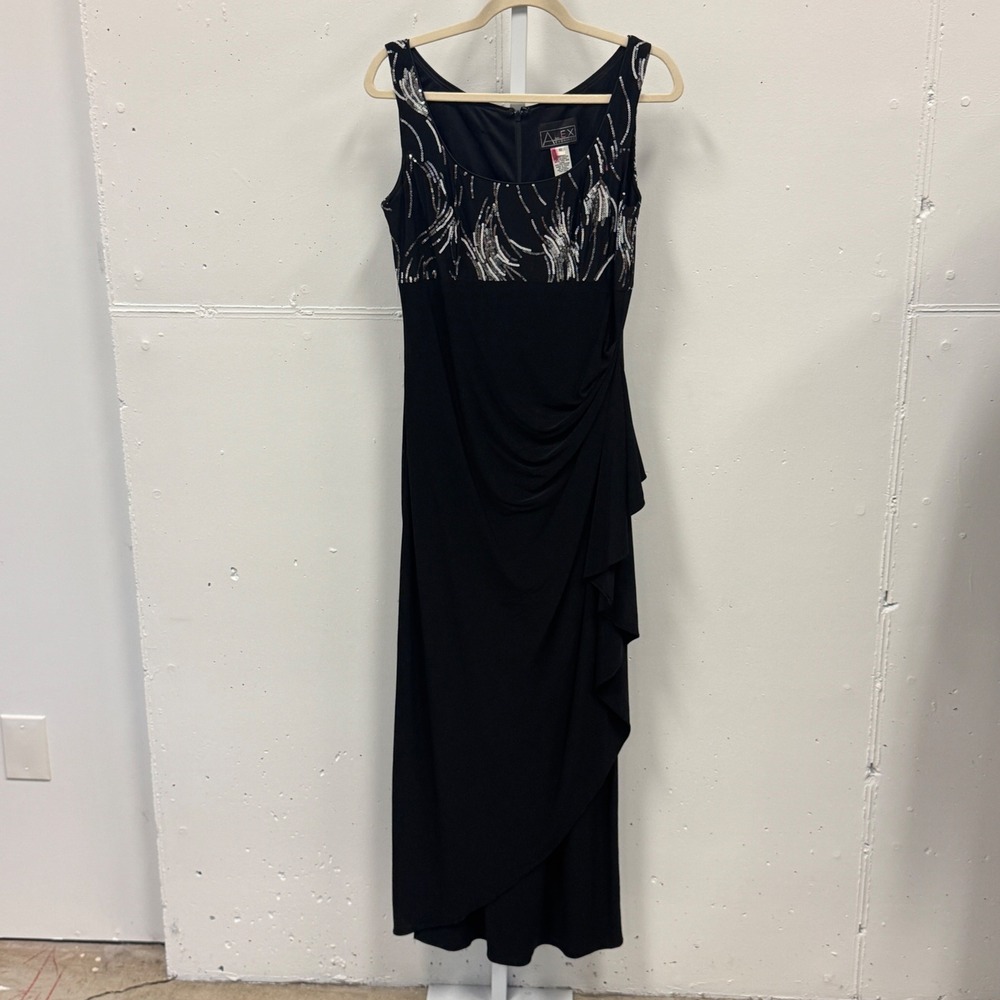 Alex Evenings Women's Black Silver Sequin Draped Ruffle Formal Gown Dress Sz 10